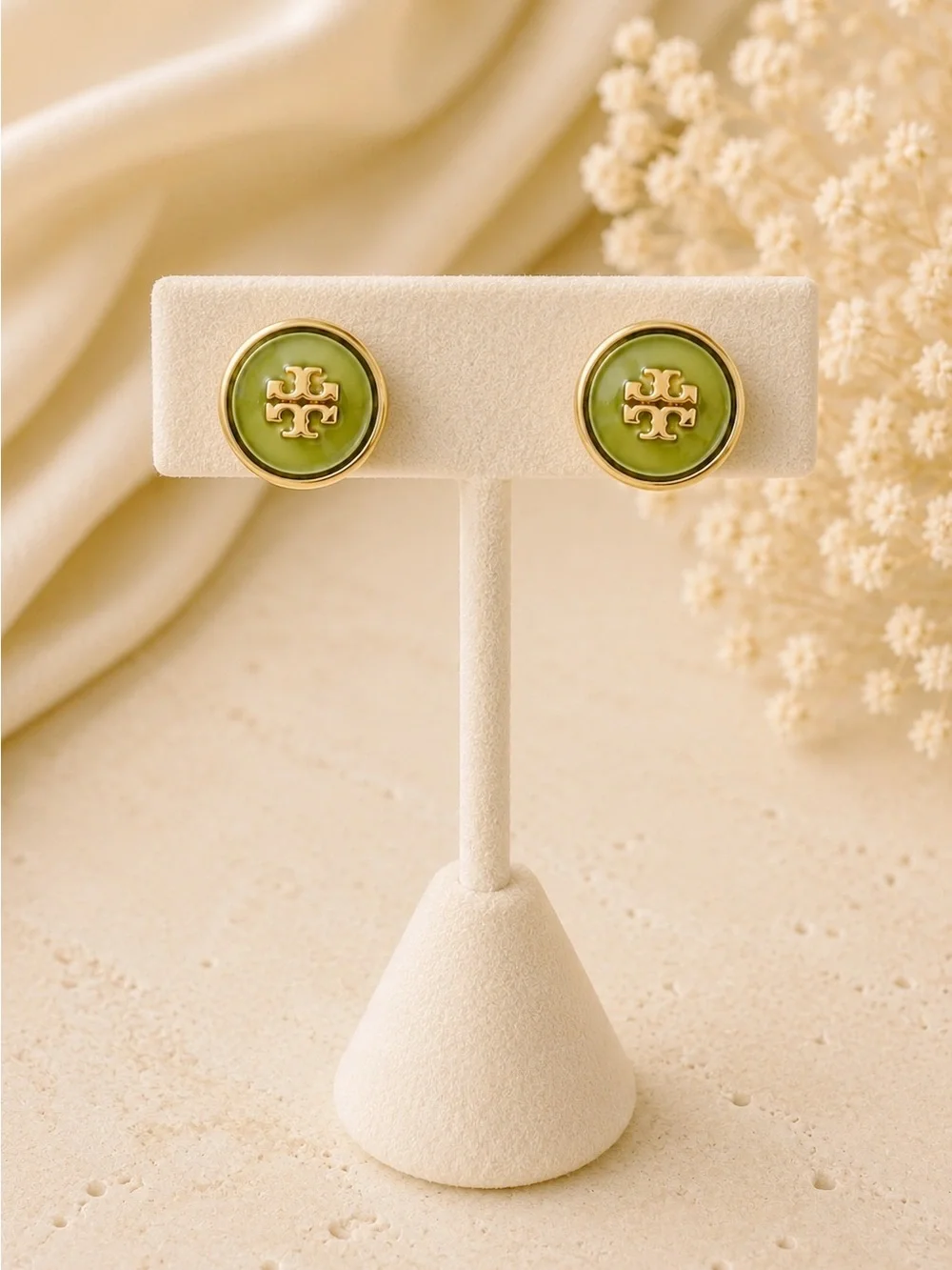 Tory Burch Gold-Tone Logo Green Enamel Circle Stud Earrings